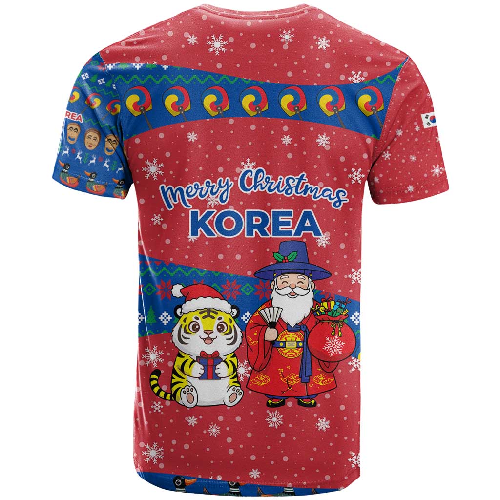 Korea Christmas T Shirt with Santa in Hanbok Tiger Character and Traditional Mask Pattern Design - Wonder Print Shop