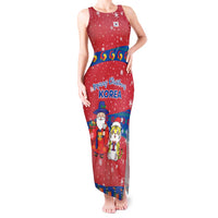 Korea Christmas Tank Maxi Dress with Santa in Hanbok Tiger Character and Traditional Mask Pattern Design - Wonder Print Shop