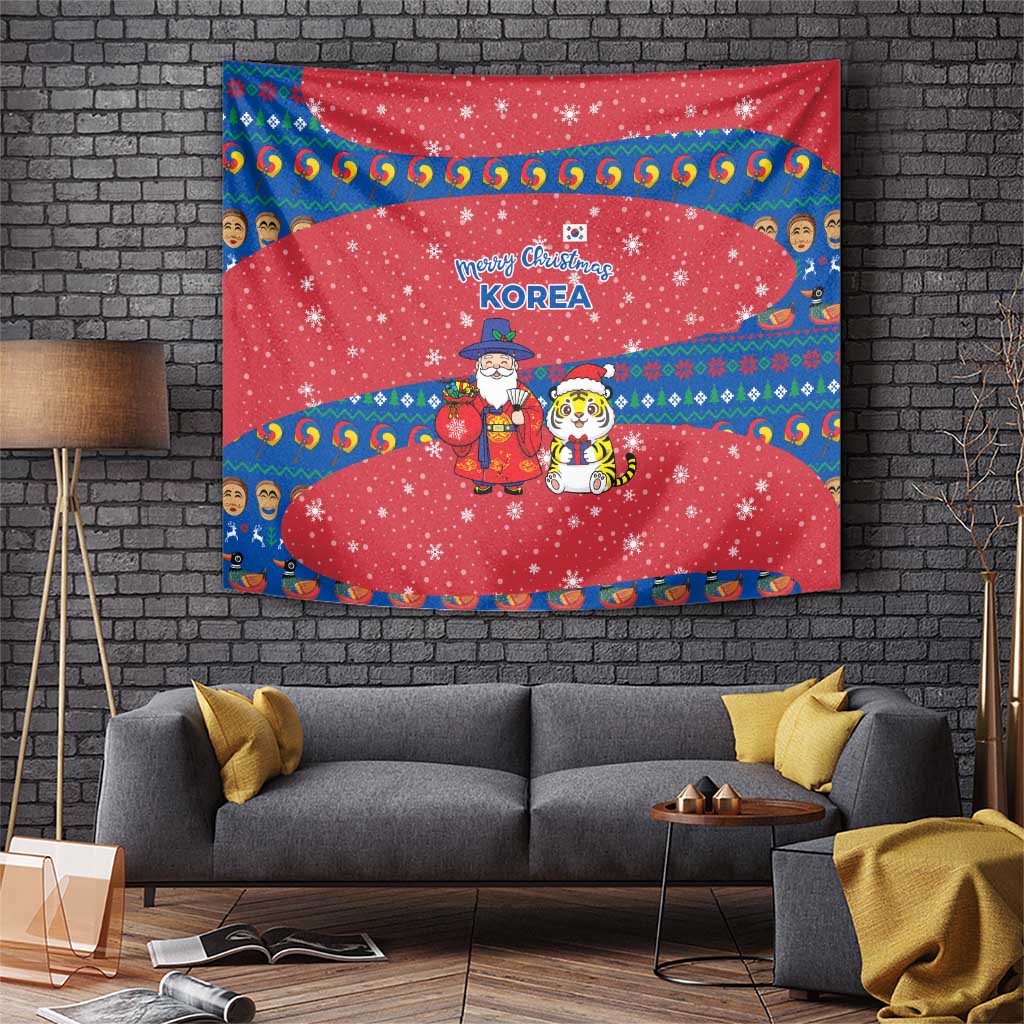 Korea Christmas Tapestry with Santa in Hanbok Tiger Character and Traditional Mask Pattern Design - Wonder Print Shop