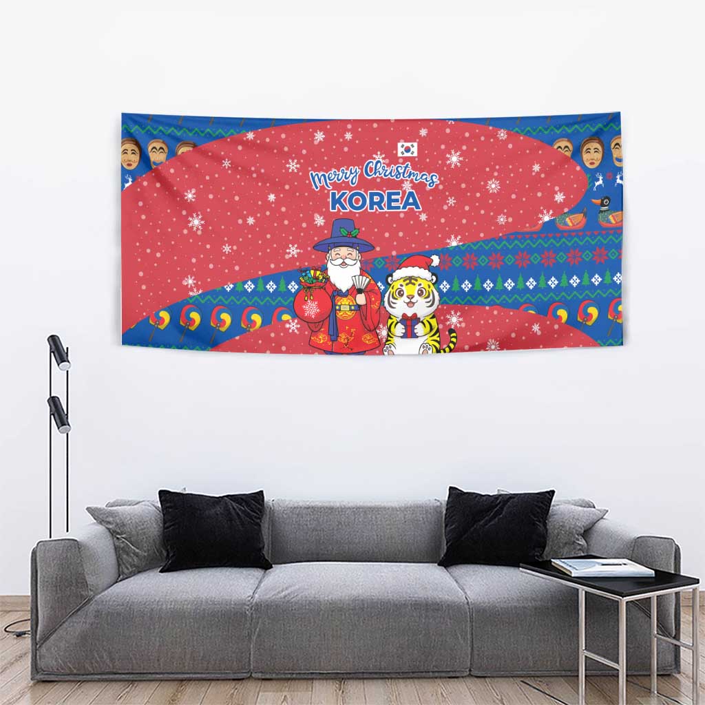Korea Christmas Tapestry with Santa in Hanbok Tiger Character and Traditional Mask Pattern Design - Wonder Print Shop