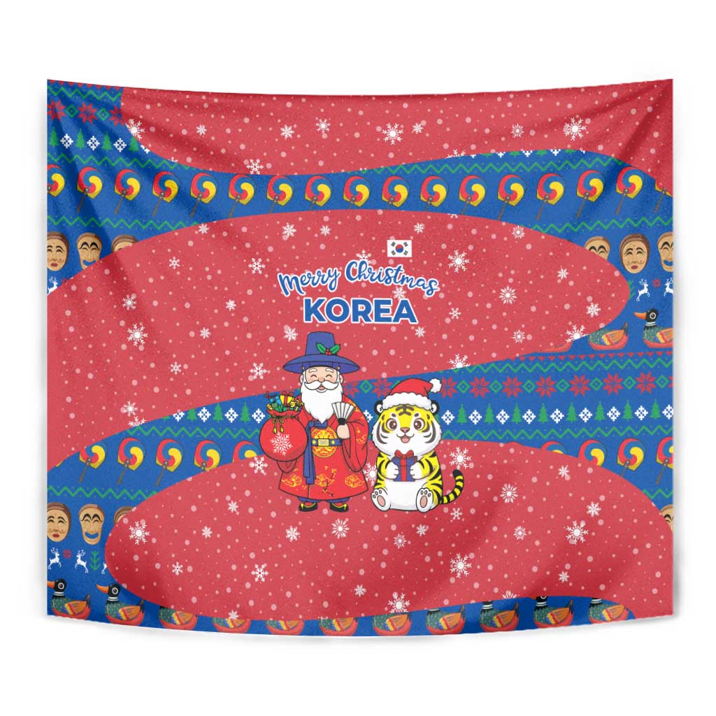 Korea Christmas Tapestry with Santa in Hanbok Tiger Character and Traditional Mask Pattern Design - Wonder Print Shop