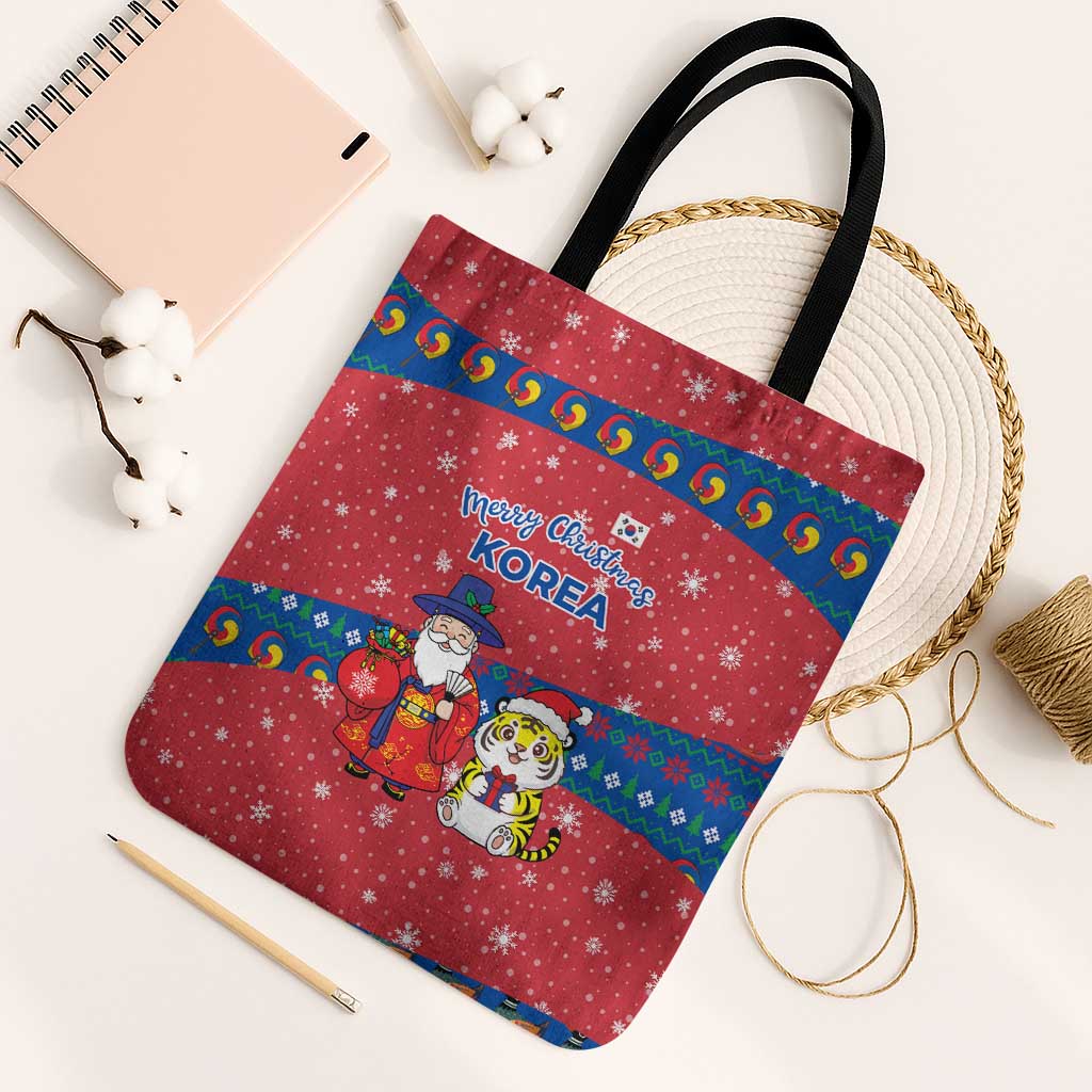 Korea Christmas Tote Bag with Santa in Hanbok Tiger Character and Traditional Mask Pattern Design - Wonder Print Shop