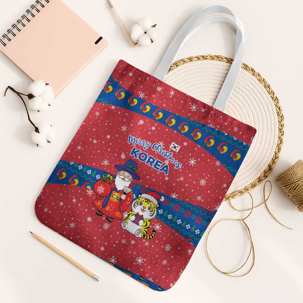 Korea Christmas Tote Bag with Santa in Hanbok Tiger Character and Traditional Mask Pattern Design - Wonder Print Shop