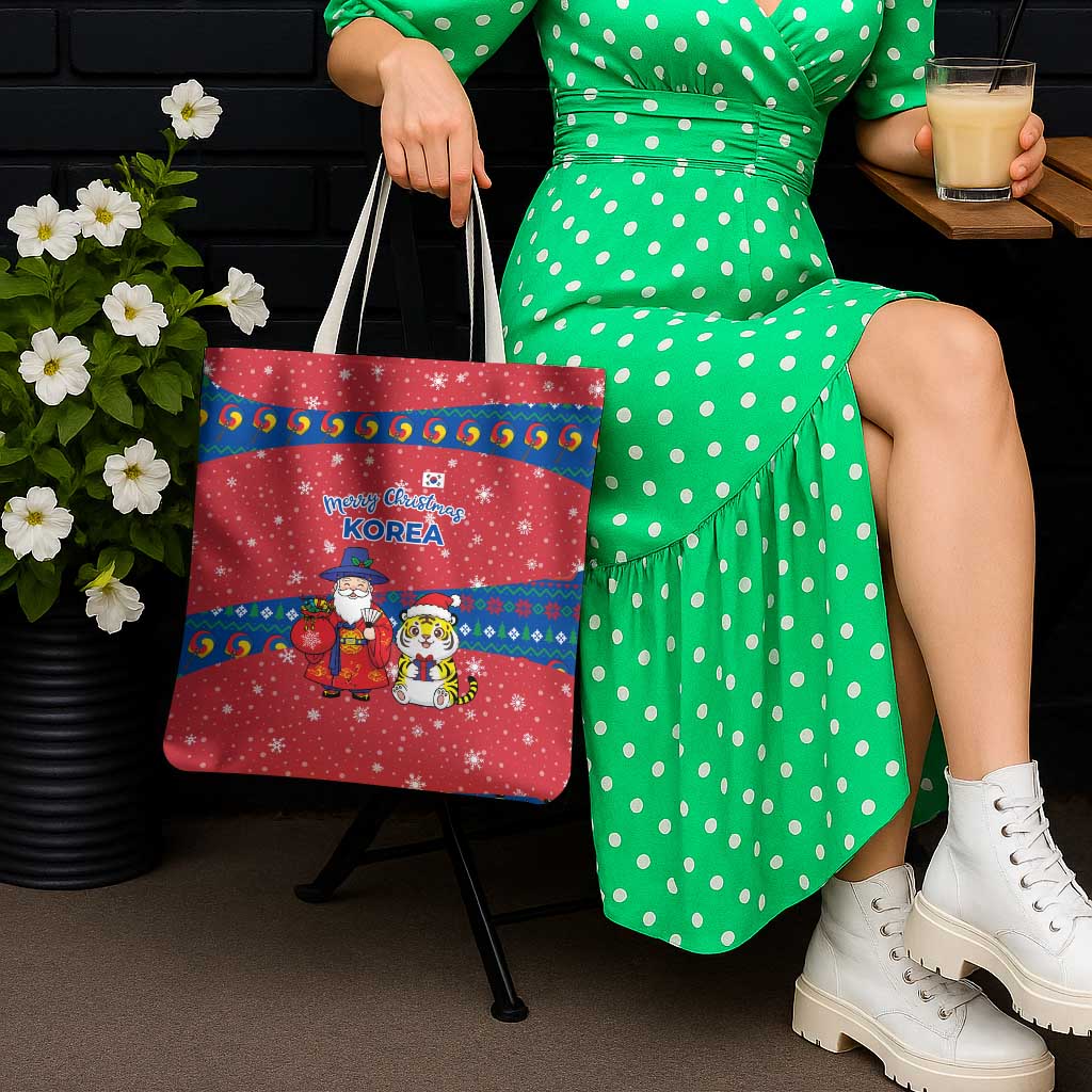 Korea Christmas Tote Bag with Santa in Hanbok Tiger Character and Traditional Mask Pattern Design - Wonder Print Shop