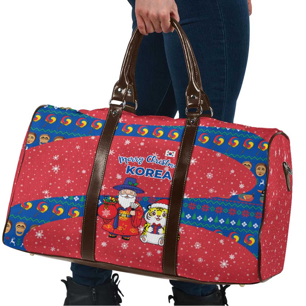 Korea Christmas Travel Bag with Santa in Hanbok Tiger Character and Traditional Mask Pattern Design - Wonder Print Shop