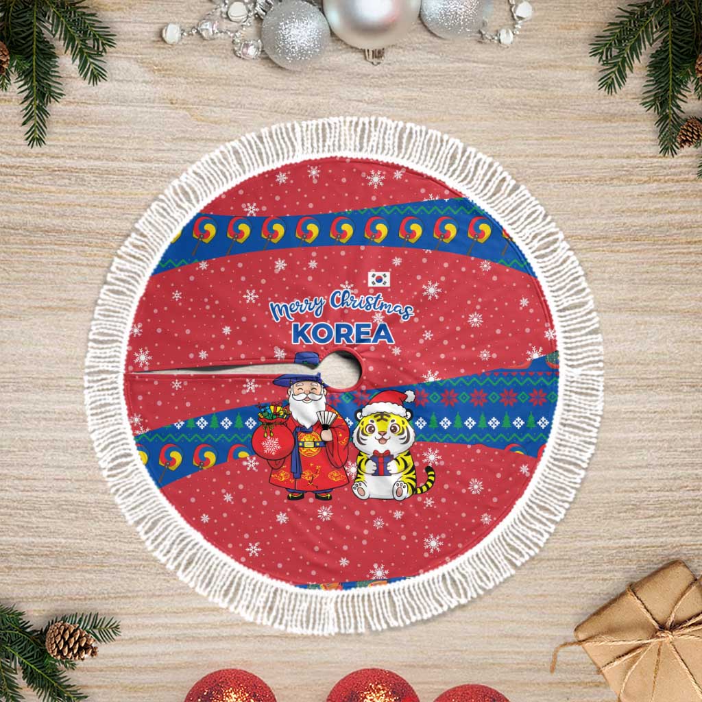 Korea Christmas Tree Skirt with Santa in Hanbok Tiger Character and Traditional Mask Pattern Design - Wonder Print Shop