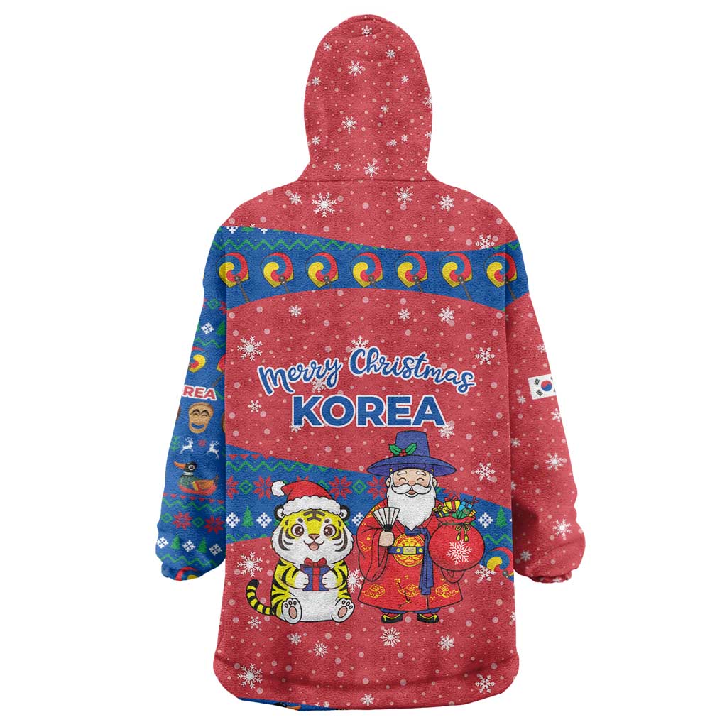 Korea Christmas Wearable Blanket Hoodie with Santa in Hanbok Tiger Character and Traditional Mask Pattern Design - Wonder Print Shop