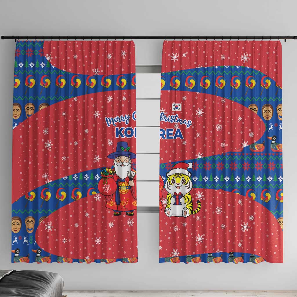 Korea Christmas Window Curtain with Santa in Hanbok Tiger Character and Traditional Mask Pattern Design - Wonder Print Shop