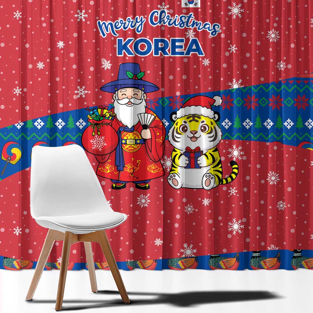 Korea Christmas Window Curtain with Santa in Hanbok Tiger Character and Traditional Mask Pattern Design - Wonder Print Shop