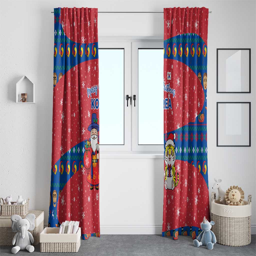 Korea Christmas Window Curtain with Santa in Hanbok Tiger Character and Traditional Mask Pattern Design - Wonder Print Shop