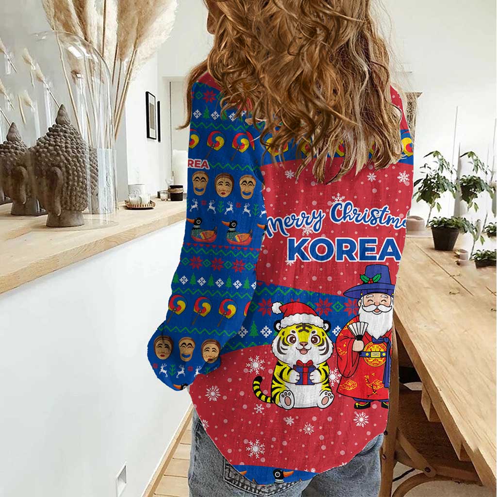 Korea Christmas Women Casual Shirt with Santa in Hanbok Tiger Character and Traditional Mask Pattern Design - Wonder Print Shop