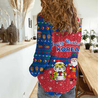 Korea Christmas Women Casual Shirt with Santa in Hanbok Tiger Character and Traditional Mask Pattern Design - Wonder Print Shop