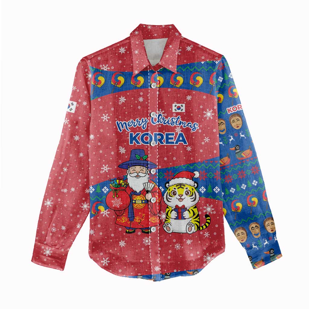 Korea Christmas Women Casual Shirt with Santa in Hanbok Tiger Character and Traditional Mask Pattern Design - Wonder Print Shop