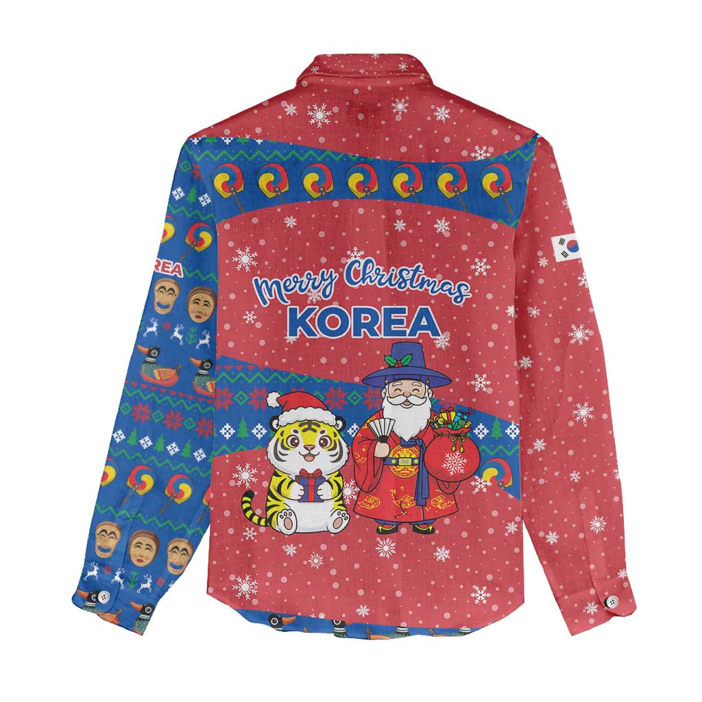 Korea Christmas Women Casual Shirt with Santa in Hanbok Tiger Character and Traditional Mask Pattern Design - Wonder Print Shop