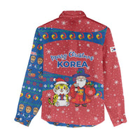 Korea Christmas Women Casual Shirt with Santa in Hanbok Tiger Character and Traditional Mask Pattern Design - Wonder Print Shop