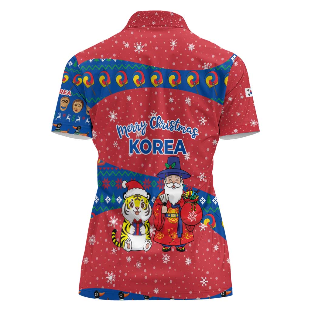 Korea Christmas Women Polo Shirt with Santa in Hanbok Tiger Character and Traditional Mask Pattern Design - Wonder Print Shop
