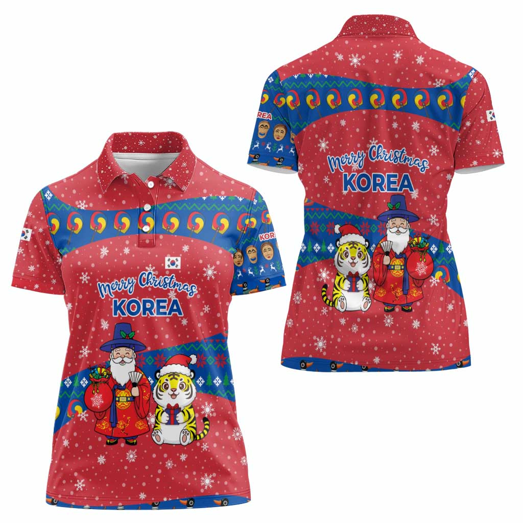 Korea Christmas Women Polo Shirt with Santa in Hanbok Tiger Character and Traditional Mask Pattern Design - Wonder Print Shop