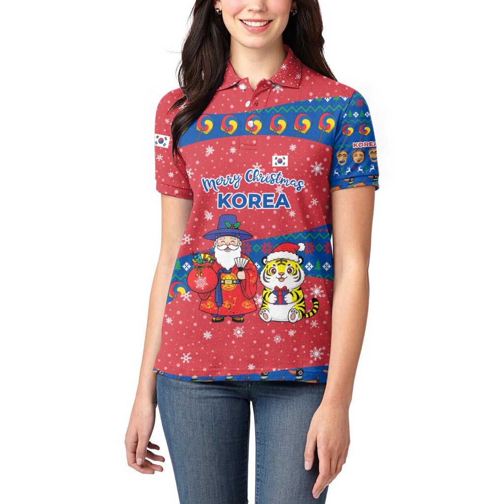 Korea Christmas Women Polo Shirt with Santa in Hanbok Tiger Character and Traditional Mask Pattern Design - Wonder Print Shop