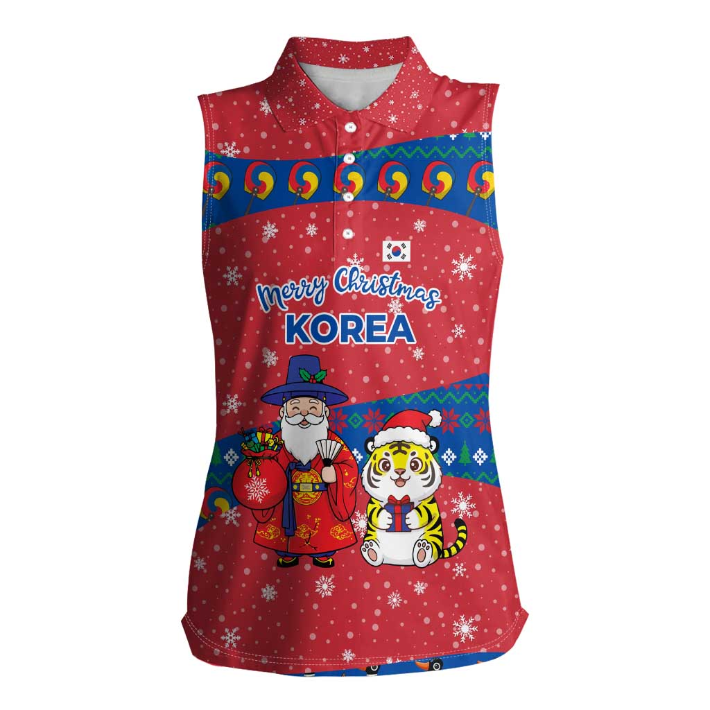 Korea Christmas Women Sleeveless Polo Shirt with Santa in Hanbok Tiger Character and Traditional Mask Pattern Design - Wonder Print Shop