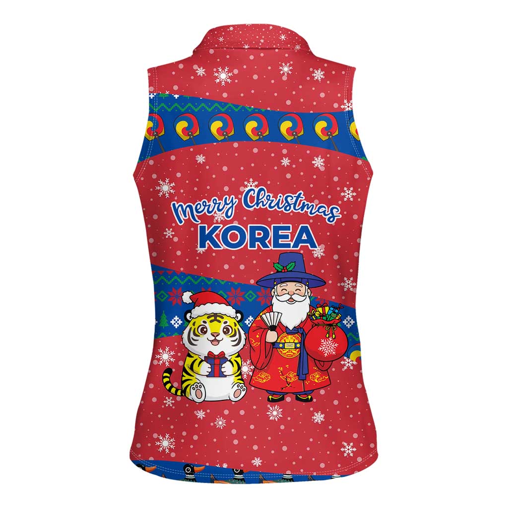 Korea Christmas Women Sleeveless Polo Shirt with Santa in Hanbok Tiger Character and Traditional Mask Pattern Design - Wonder Print Shop