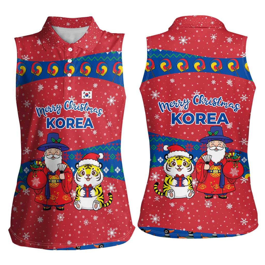 Korea Christmas Women Sleeveless Polo Shirt with Santa in Hanbok Tiger Character and Traditional Mask Pattern Design - Wonder Print Shop