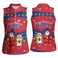Korea Christmas Women Sleeveless Polo Shirt with Santa in Hanbok Tiger Character and Traditional Mask Pattern Design - Wonder Print Shop