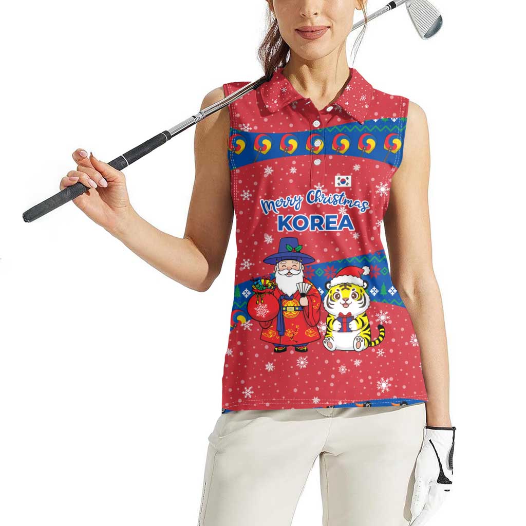 Korea Christmas Women Sleeveless Polo Shirt with Santa in Hanbok Tiger Character and Traditional Mask Pattern Design - Wonder Print Shop