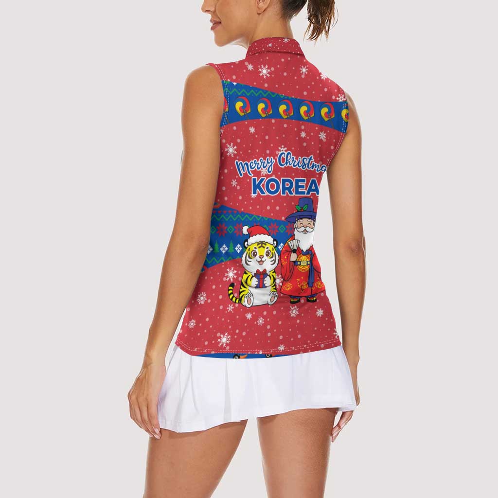Korea Christmas Women Sleeveless Polo Shirt with Santa in Hanbok Tiger Character and Traditional Mask Pattern Design - Wonder Print Shop