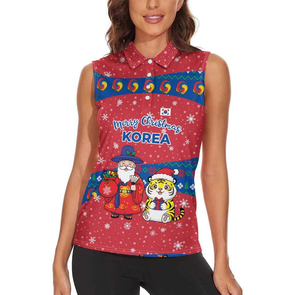 Korea Christmas Women Sleeveless Polo Shirt with Santa in Hanbok Tiger Character and Traditional Mask Pattern Design - Wonder Print Shop