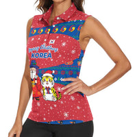 Korea Christmas Women Sleeveless Polo Shirt with Santa in Hanbok Tiger Character and Traditional Mask Pattern Design - Wonder Print Shop