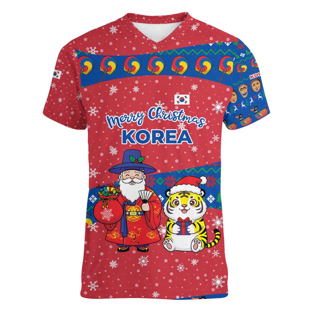 Korea Christmas Women V-Neck T-Shirt with Santa in Hanbok Tiger Character and Traditional Mask Pattern Design - Wonder Print Shop