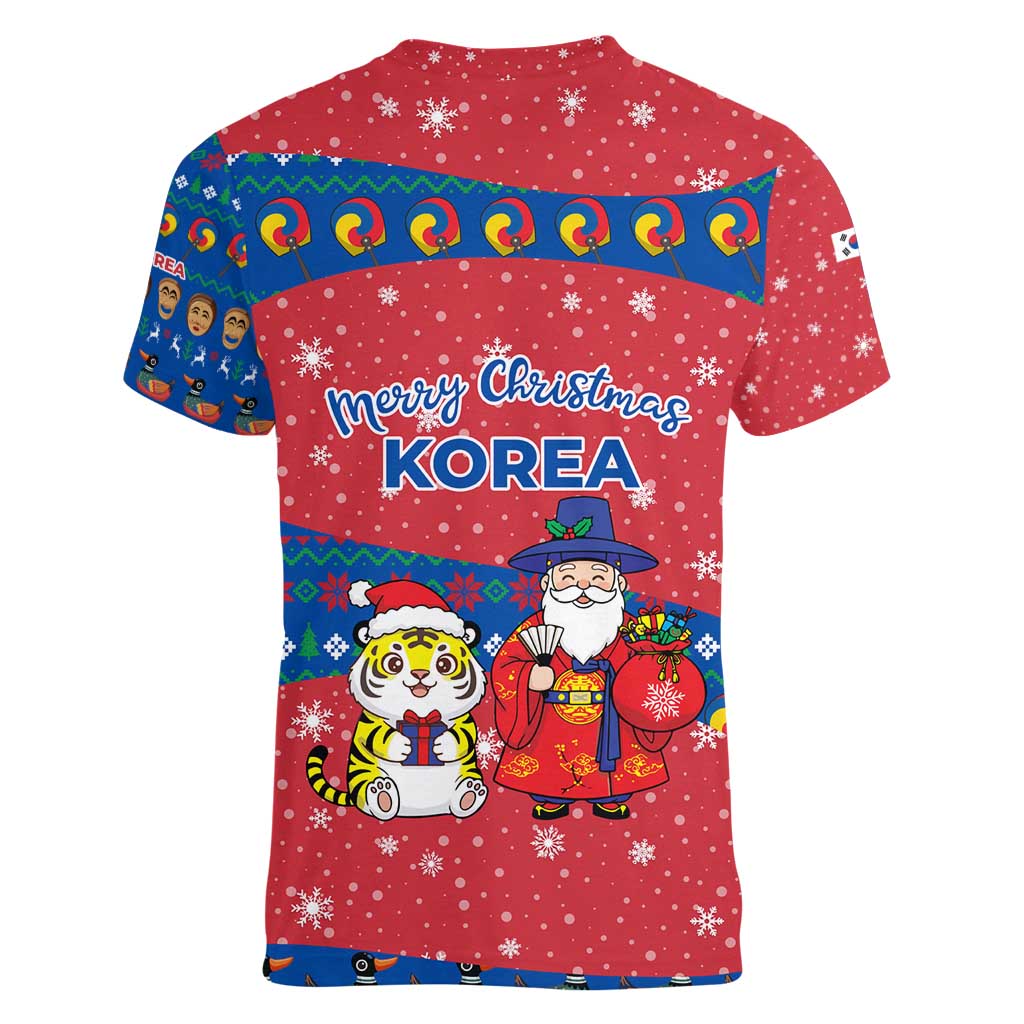 Korea Christmas Women V-Neck T-Shirt with Santa in Hanbok Tiger Character and Traditional Mask Pattern Design - Wonder Print Shop