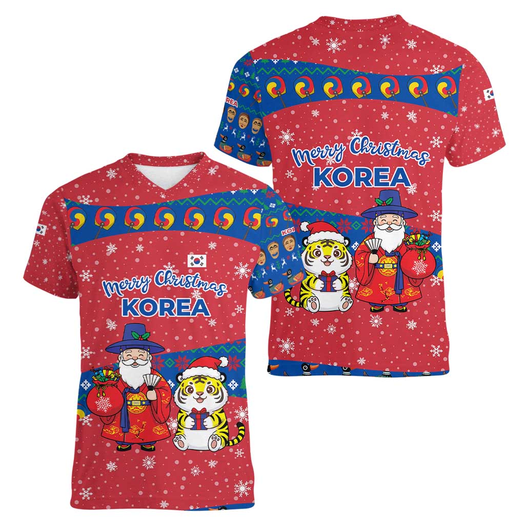 Korea Christmas Women V-Neck T-Shirt with Santa in Hanbok Tiger Character and Traditional Mask Pattern Design - Wonder Print Shop
