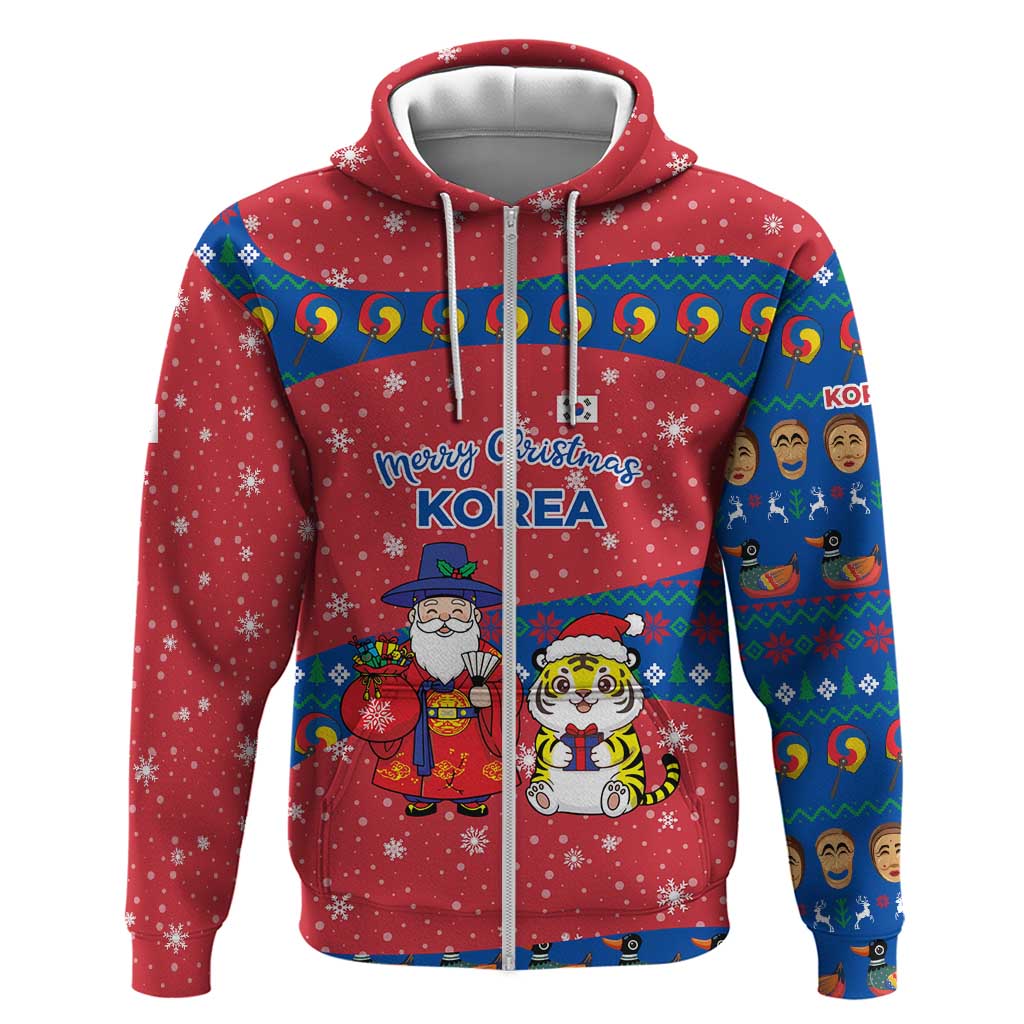 Korea Christmas Zip Hoodie with Santa in Hanbok Tiger Character and Traditional Mask Pattern Design - Wonder Print Shop