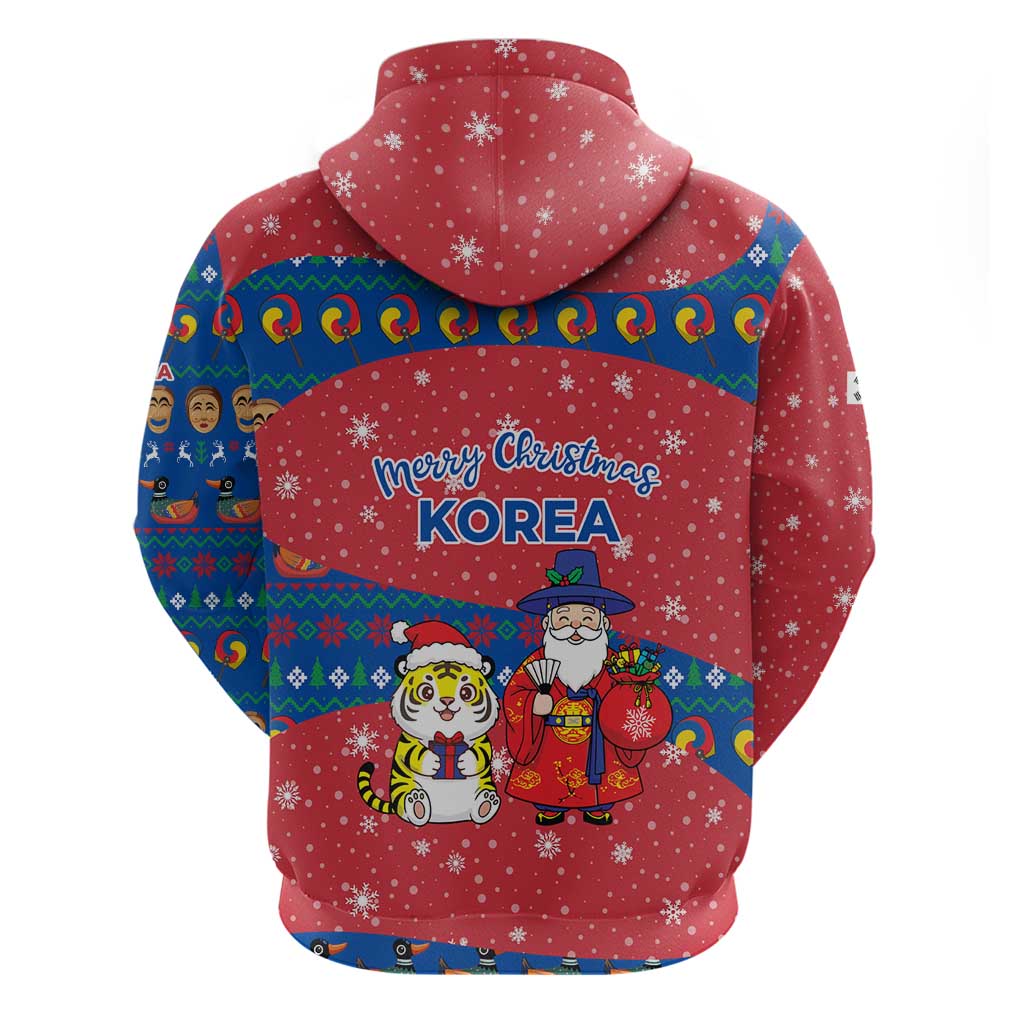 Korea Christmas Zip Hoodie with Santa in Hanbok Tiger Character and Traditional Mask Pattern Design - Wonder Print Shop