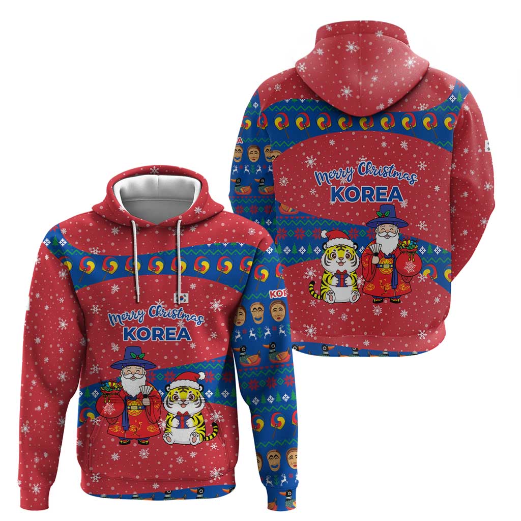 Korea Christmas Zip Hoodie with Santa in Hanbok Tiger Character and Traditional Mask Pattern Design - Wonder Print Shop