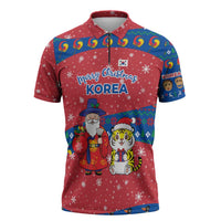 Korea Christmas Zipper Polo Shirt with Santa in Hanbok Tiger Character and Traditional Mask Pattern Design - Wonder Print Shop