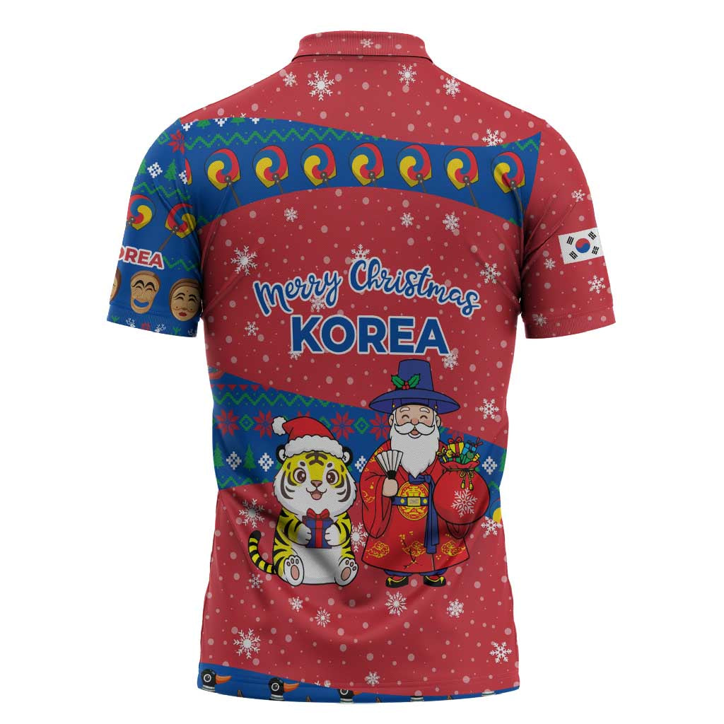 Korea Christmas Zipper Polo Shirt with Santa in Hanbok Tiger Character and Traditional Mask Pattern Design - Wonder Print Shop