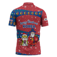 Korea Christmas Zipper Polo Shirt with Santa in Hanbok Tiger Character and Traditional Mask Pattern Design - Wonder Print Shop