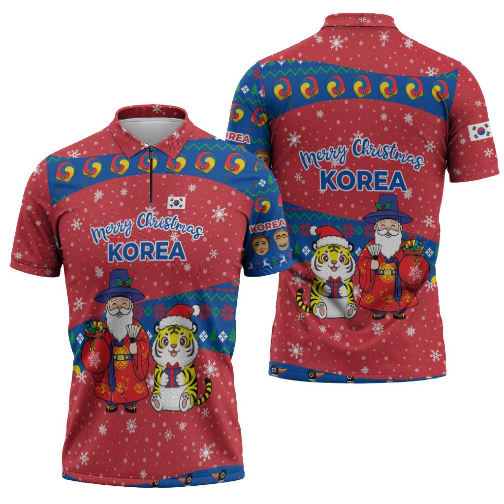 Korea Christmas Zipper Polo Shirt with Santa in Hanbok Tiger Character and Traditional Mask Pattern Design - Wonder Print Shop