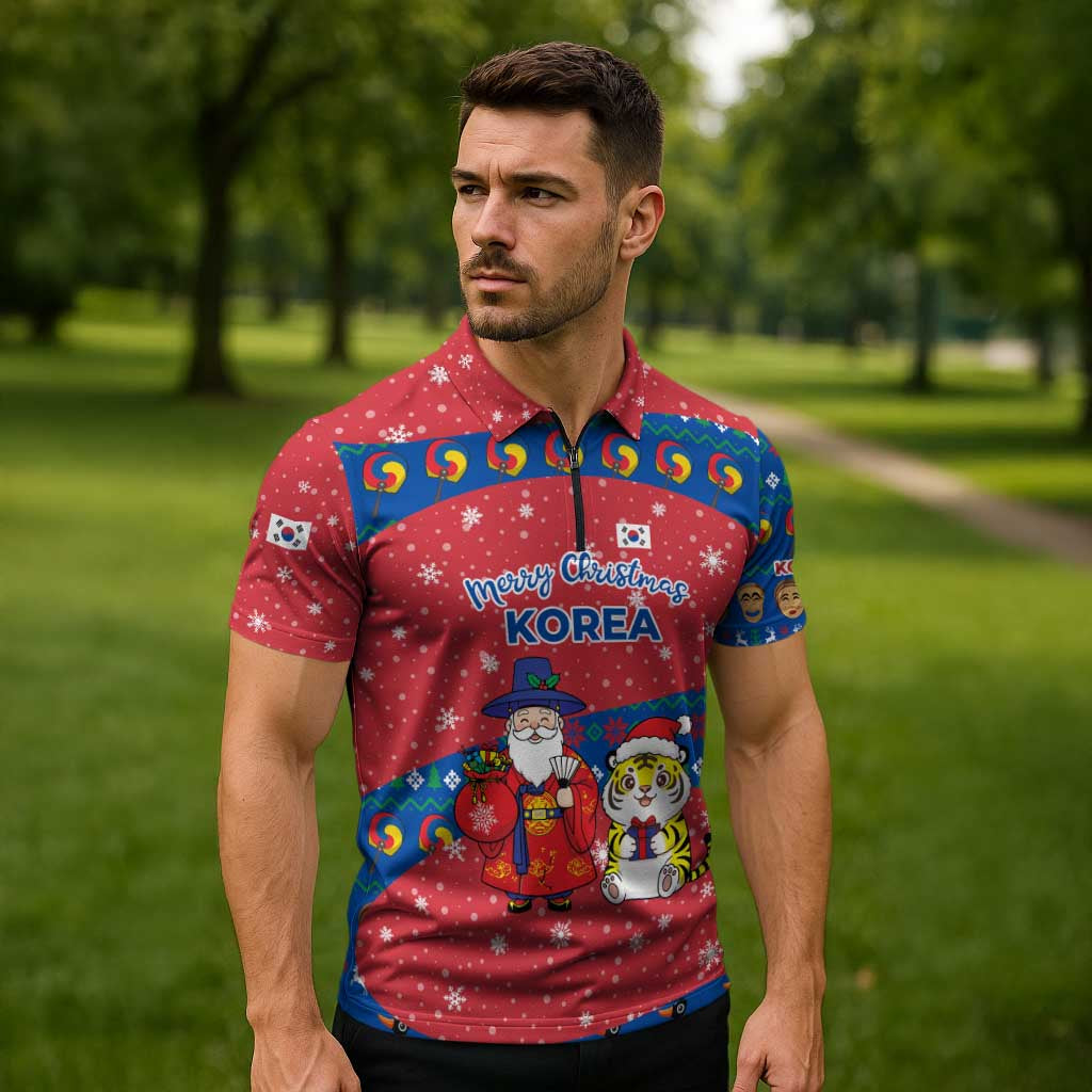 Korea Christmas Zipper Polo Shirt with Santa in Hanbok Tiger Character and Traditional Mask Pattern Design - Wonder Print Shop
