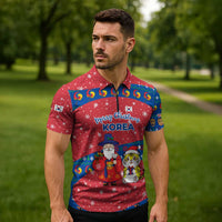 Korea Christmas Zipper Polo Shirt with Santa in Hanbok Tiger Character and Traditional Mask Pattern Design - Wonder Print Shop