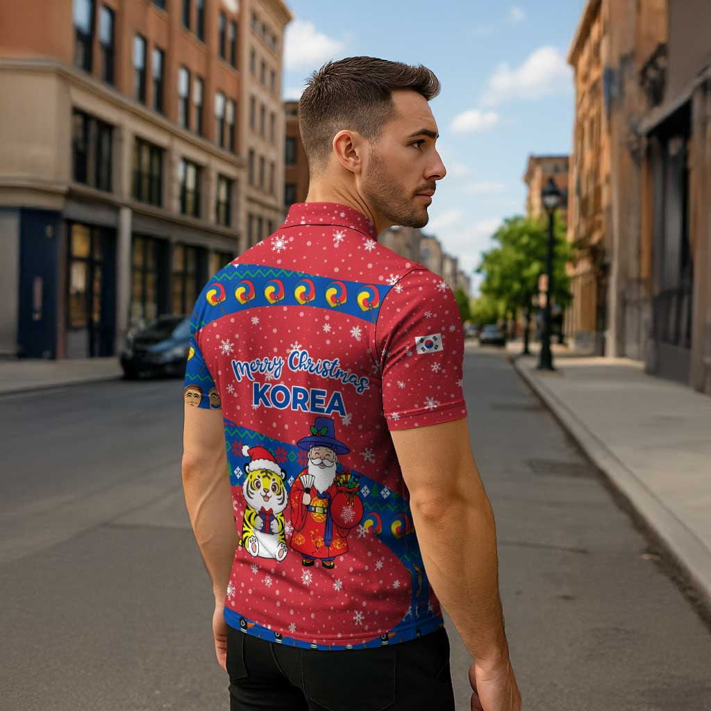 Korea Christmas Zipper Polo Shirt with Santa in Hanbok Tiger Character and Traditional Mask Pattern Design - Wonder Print Shop
