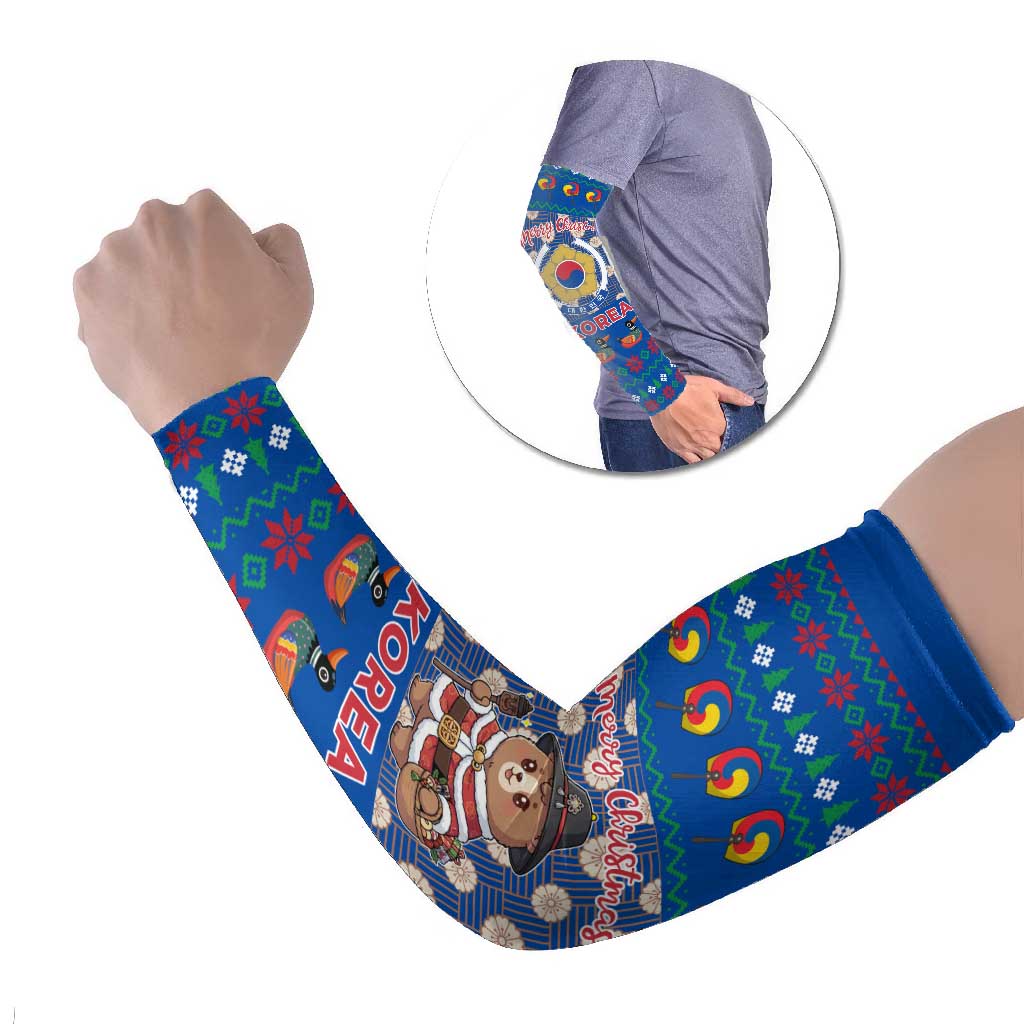 Korea Christmas Arm Sleeves with Bear in Hanbok National Emblem and Traditional Boat Pattern Design - Wonder Print Shop