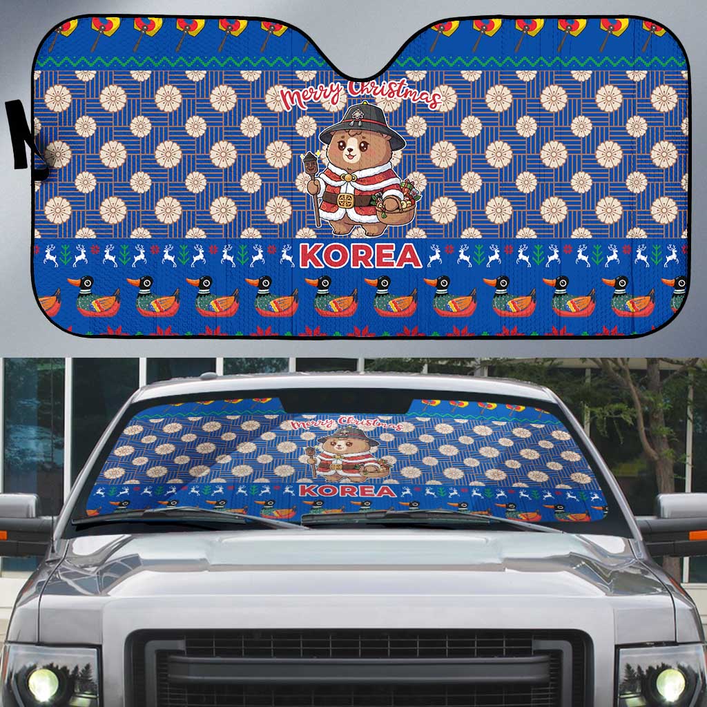 Korea Christmas Auto Sun Shade with Bear in Hanbok National Emblem and Traditional Boat Pattern Design - Wonder Print Shop