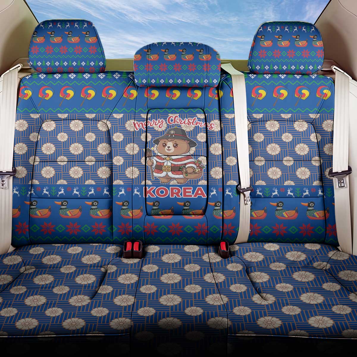 Korea Christmas Back Car Seat Cover with Bear in Hanbok National Emblem and Traditional Boat Pattern Design - Wonder Print Shop