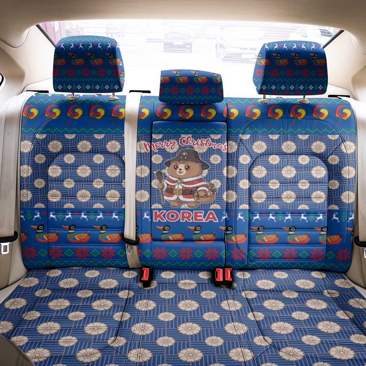 Korea Christmas Back Car Seat Cover with Bear in Hanbok National Emblem and Traditional Boat Pattern Design - Wonder Print Shop