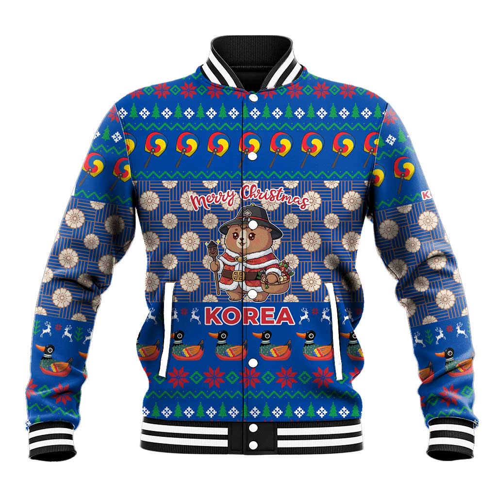 Korea Christmas Baseball Jacket with Bear in Hanbok National Emblem and Traditional Boat Pattern Design - Wonder Print Shop