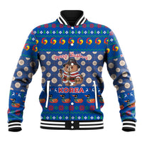 Korea Christmas Baseball Jacket with Bear in Hanbok National Emblem and Traditional Boat Pattern Design - Wonder Print Shop
