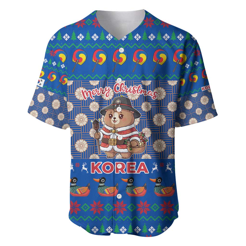 Korea Christmas Baseball Jersey with Bear in Hanbok National Emblem and Traditional Boat Pattern Design - Wonder Print Shop
